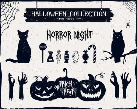 Hand drawn textured Halloween set of black cat, owl, candies, zombie hands, and jack-o-lanterns illustrations.のイラスト素材