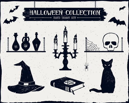 Hand drawn textured Halloween set of witch hat, vials, candlestick, skull, and cat illustrations.のイラスト素材