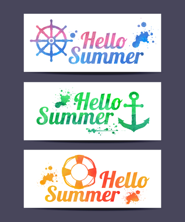 Watercolor Hello Summer cards. For invitations, parties, vacations.のイラスト素材