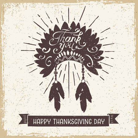 Hand drawn textured vintage Thanksgiving day card with Indian head piece vector illustration.のイラスト素材