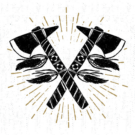 Hand drawn tribal icon with textured crossed tomahawks vector illustration.のイラスト素材
