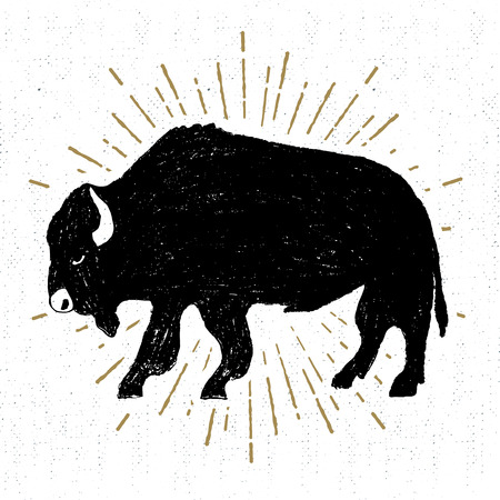 Hand drawn tribal icon with a textured buffalo illustration.のイラスト素材