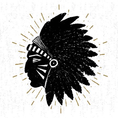 Hand drawn tribal icon with a textured American indian chief illustration.のイラスト素材