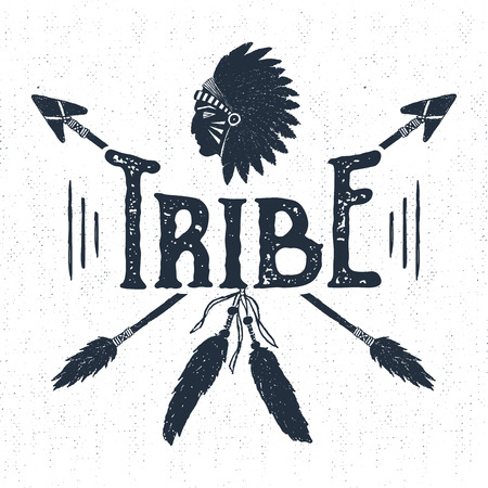 Hand drawn tribal label with textured headdress and arrows vector illustration and "Tribe" lettering.のイラスト素材