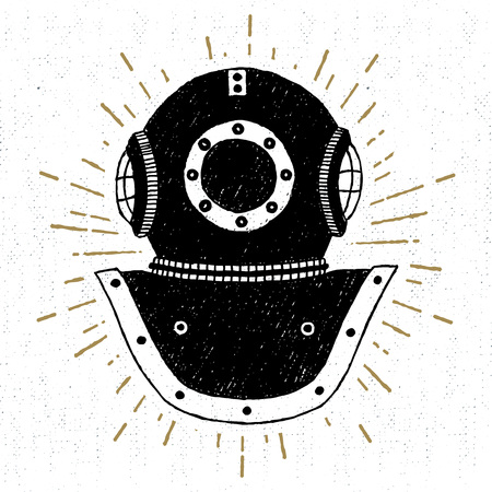 Hand drawn vintage diving helmet vector illustration.のイラスト素材