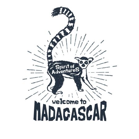 Hand drawn label with textured lemur vector illustration and "Welcome to Madagascar" lettering.のイラスト素材