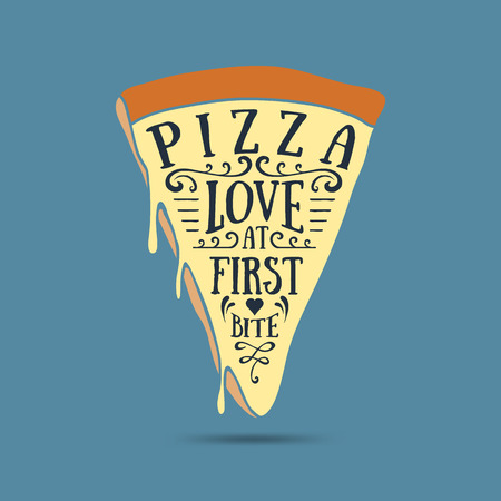 Hand drawn label with textured pizza slice vector illustration and "Pizza. Love at first bite" lettering.のイラスト素材