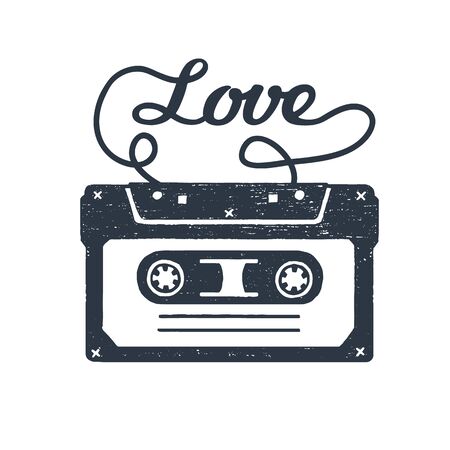 Hand drawn 90s themed badge with cassette tape textured vector illustration and "Love" inspirational lettering.のイラスト素材