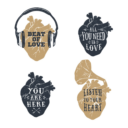 Hand drawn textured romantic posters with human heart, headphones, gramophone horn vector illustrations and lettering on the white background.のイラスト素材