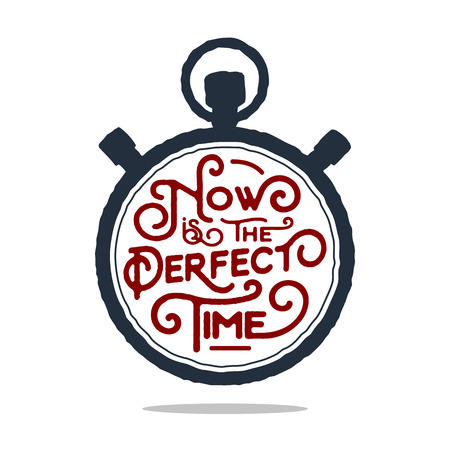 Hand drawn inspirational badge with textured countdown timer vector illustration and "Now is the perfect time" lettering.のイラスト素材