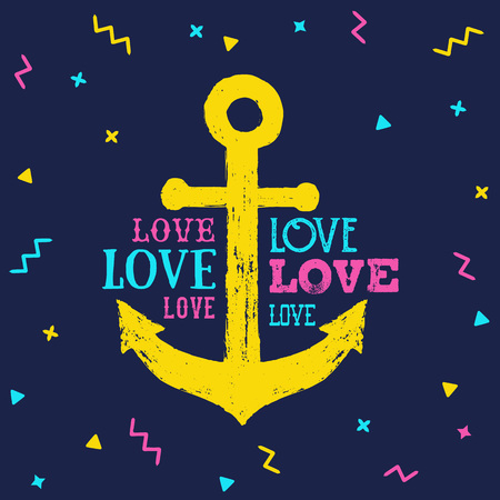 Memphis style inspirational badge with hand drawn textured anchor vector illustration and "Love" lettering.のイラスト素材
