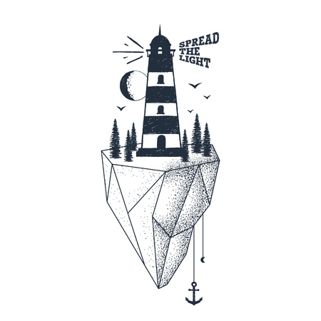 Hand drawn inspirational badge with textured lighthouse vector illustration and "Spread the light" lettering.のイラスト素材