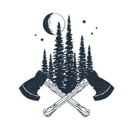 Hand drawn inspirational badge with textured forest and crossed axes vector illustration.のイラスト素材