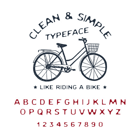 Hand drawn Clean & Simple font. Latin alphabet vector letters, numbers, and signs. Vintage bicycle vector illustration.のイラスト素材