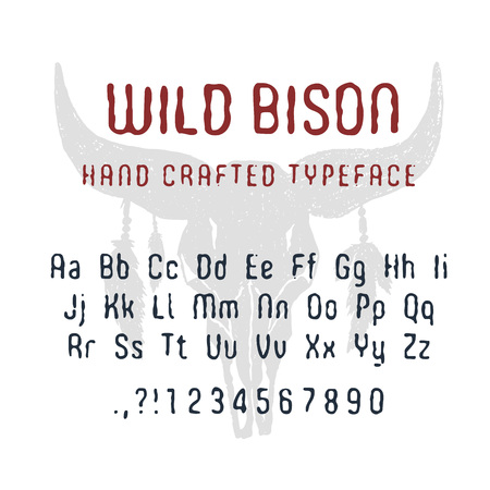 Hand drawn Wild bison font. Latin alphabet vector letters, numbers, and signs. Buffalo skull with feathers vector illustration.のイラスト素材