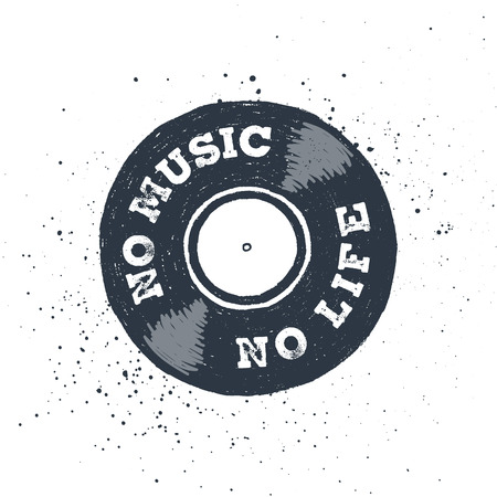 Hand drawn 90s themed badge with vinyl record textured illustration and "No music, no life" inspirational lettering.のイラスト素材