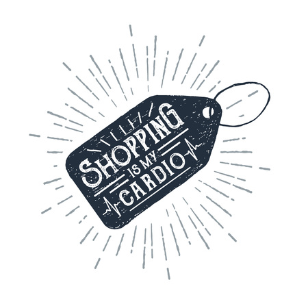 Hand drawn price tag textured vector illustration and "Shopping is my cardio" ironic lettering.のイラスト素材