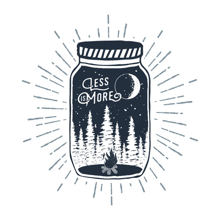 Hand drawn inspirational label with pine trees and bonfire in a jar textured vector illustration and "Less is more" lettering.のイラスト素材