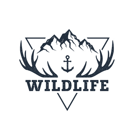 Hand drawn inspirational label with mountains and antlers textured vector illustrations and "Wildlife" lettering.のイラスト素材