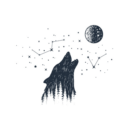 Hand drawn howling wolf and constellations textured vector illustrations.のイラスト素材