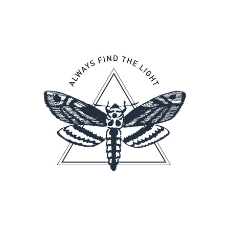 Hand drawn inspirational label with moth textured vector illustration and "Always find the light" lettering.のイラスト素材