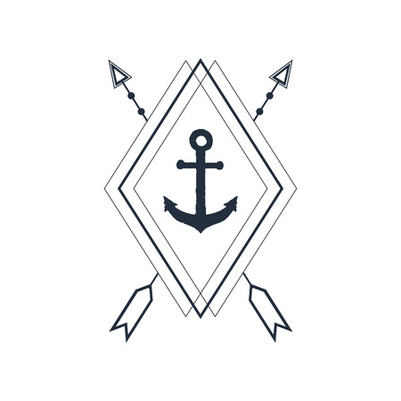 Hand drawn nautical badge with anchor textured vector illustration. Geometric style.