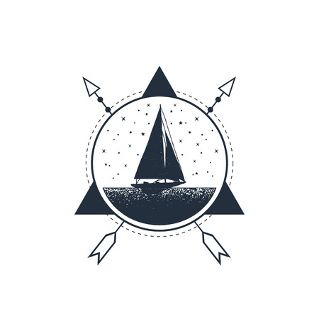 Hand drawn nautical badge with yacht textured vector illustration. Geometric style.のイラスト素材