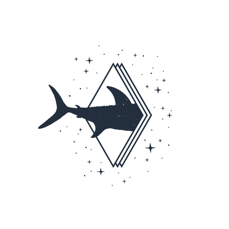 Hand drawn nautical badge with shark's tail textured vector illustration.のイラスト素材