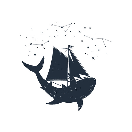 Hand drawn nautical badge with shark, sails and constellations textured vector illustrations.のイラスト素材