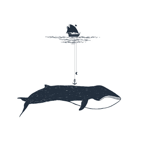 Hand drawn nautical badge with yacht and whale textured vector illustrations.のイラスト素材