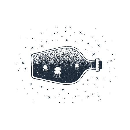 Hand drawn nautical badge with jellifish in a bottle textured vector illustration.のイラスト素材