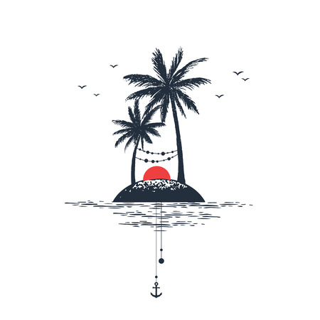 Hand drawn travel badge with palm trees textured vector illustration.のイラスト素材
