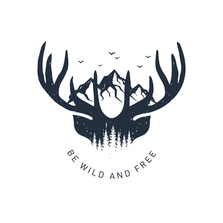 Hand drawn travel badge with deer antlers and mountains textured vector illustration and "Be wild and free" inspirational lettering.のイラスト素材