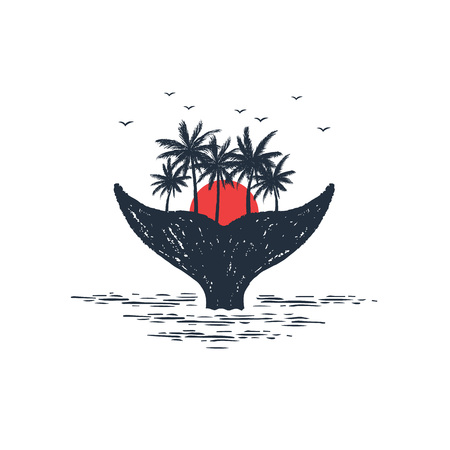 Hand drawn travel badge with palm trees and whale's tail textured vector illustrations.のイラスト素材