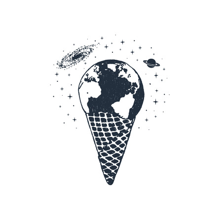 Hand drawn travel badge with ice cream cone and Earth textured vector illustrations.のイラスト素材