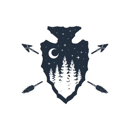 Hand drawn travel badge with crossed arrows and fir trees textured vector illustrations.のイラスト素材