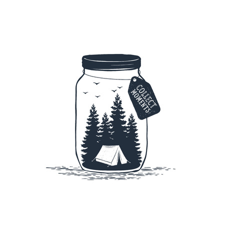 Hand drawn travel badge with pine trees in a jar textured vector illustration and "Collect moments" inspirational lettering.のイラスト素材