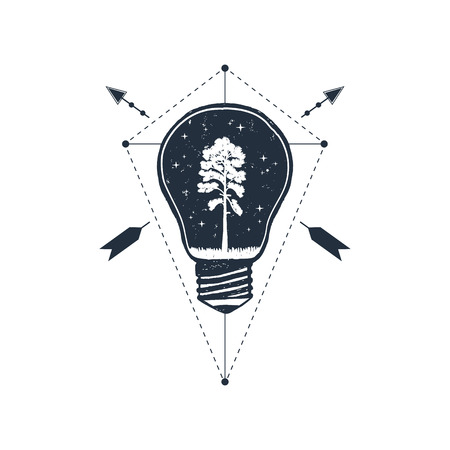 Hand drawn travel badge with pine in a bulb textured vector illustration.のイラスト素材