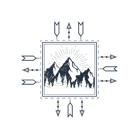 Hand drawn travel badge with mountain range and pine trees textured vector illustration.のイラスト素材