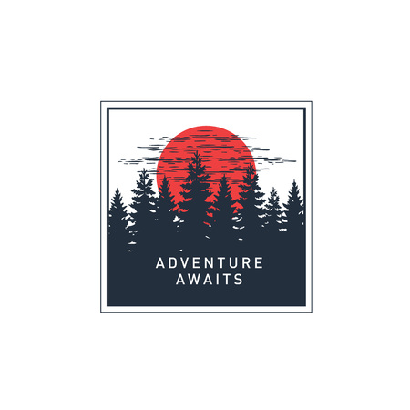Hand drawn travel badge with pine trees at the sunset textured vector illustration and "Adventure awaits" inspirational lettering.のイラスト素材