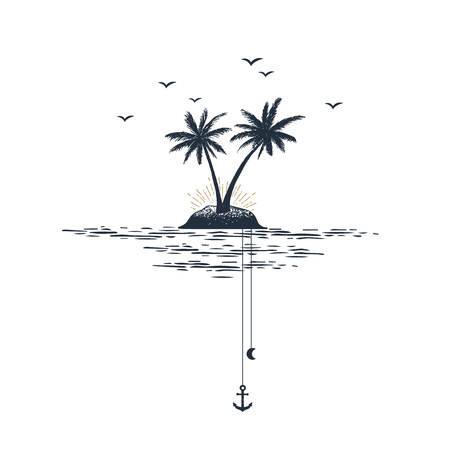 Hand drawn travel badge with palm trees textured vector illustration.のイラスト素材