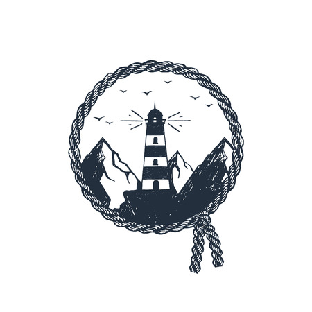 Hand drawn travel badge with lighthouse in the mountains textured vector illustration.のイラスト素材