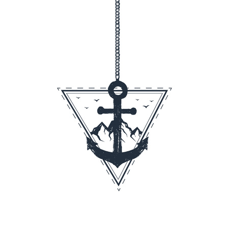 Hand drawn travel badge with mountains and an anchor textured vector illustrations.のイラスト素材