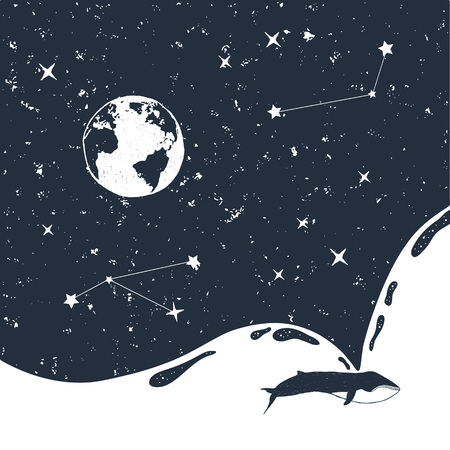 Hand drawn space badge with universe and a whale textured vector illustrations.のイラスト素材