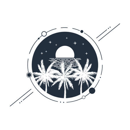 Hand drawn inspirational label with a tropical coast with palms and moon textured vector illustrations. Geometric style.のイラスト素材