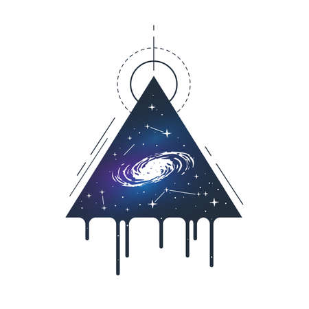 Hand drawn inspirational label with galaxy in a triangle textured vector illustration. Geometric style.のイラスト素材