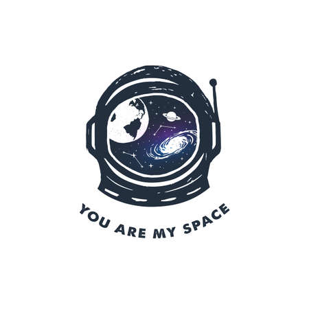 Hand drawn inspirational label with astronaut's helmet and galaxy textured vector illustrations and "You are my space" lettering.のイラスト素材