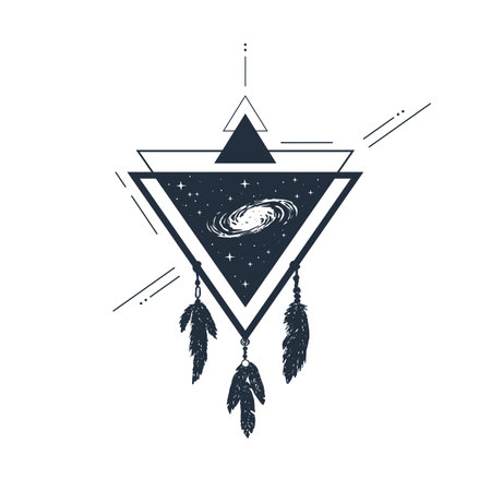 Hand drawn inspirational label with galaxy in a triangle textured vector illustration and hanging feather decorations. Geometric style.のイラスト素材