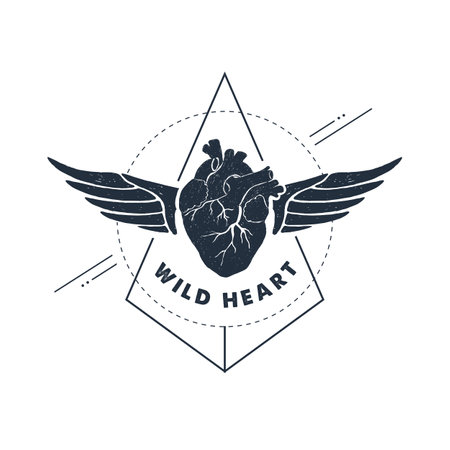 Hand drawn inspirational label with winged heart textured vector illustrations and "Wild heart" lettering. Geometric style.のイラスト素材