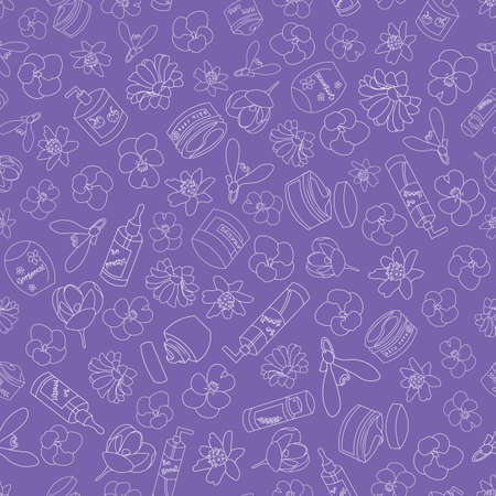 Skincare and flowers spring purple seamless patternのイラスト素材